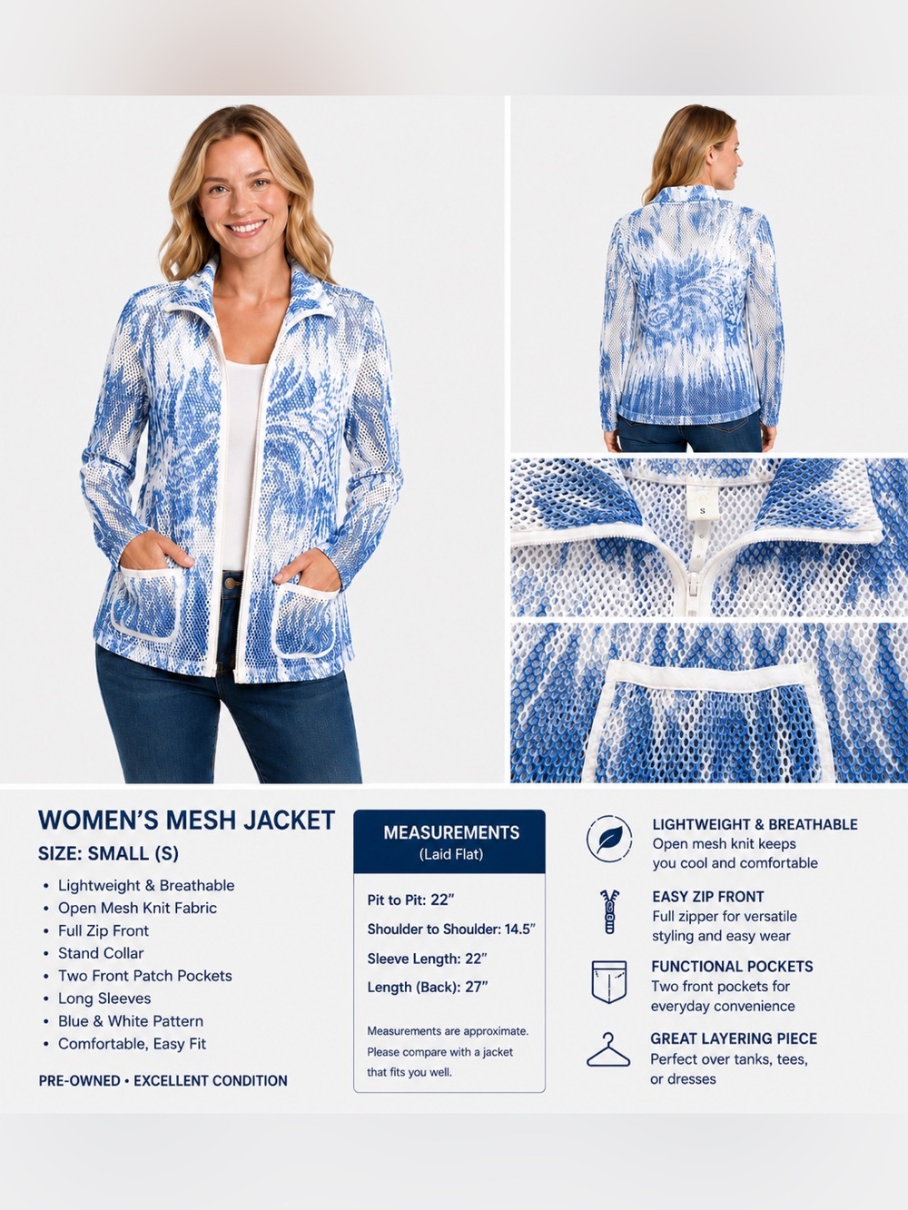 Zenergy by Chicos Women's Blue & White Mesh Zip-Front Jacket